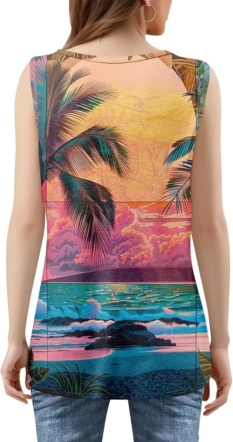 XIAXOGOOL Summer Tank Tops for Women Loose Fit Pleated Square Neck Sleeveless Tops Hawaiian Print Shirts Fashion Tunic Blouse
