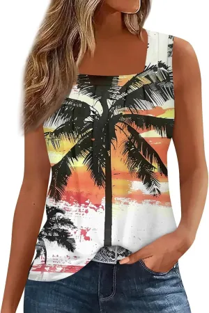 XIAXOGOOL Summer Tank Tops for Women Loose Fit Pleated Square Neck Sleeveless Tops Hawaiian Print Shirts Fashion Tunic Blouse