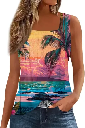 XIAXOGOOL Summer Tank Tops for Women Loose Fit Pleated Square Neck Sleeveless Tops Hawaiian Print Shirts Fashion Tunic Blouse