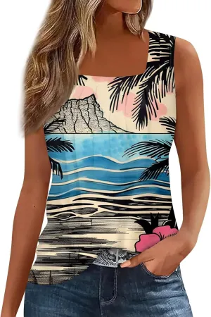 XIAXOGOOL Summer Tank Tops for Women Loose Fit Pleated Square Neck Sleeveless Tops Hawaiian Print Shirts Fashion Tunic Blouse