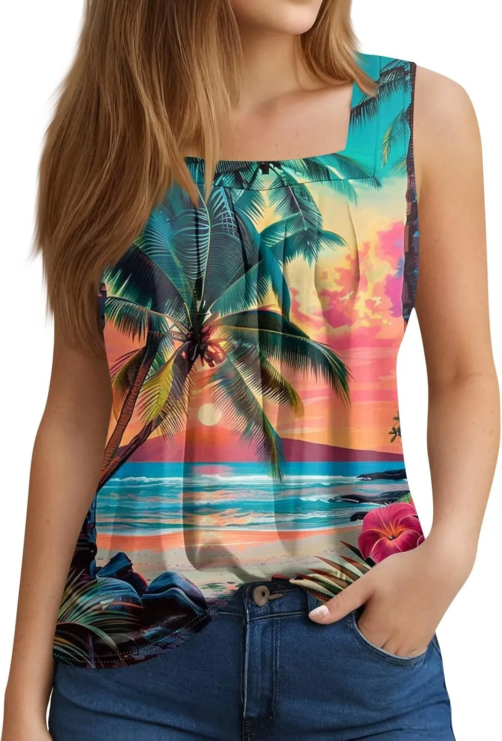 XIAXOGOOL Summer Tank Tops for Women Loose Fit Pleated Square Neck Sleeveless Tops Hawaiian Print Shirts Fashion Tunic Blouse