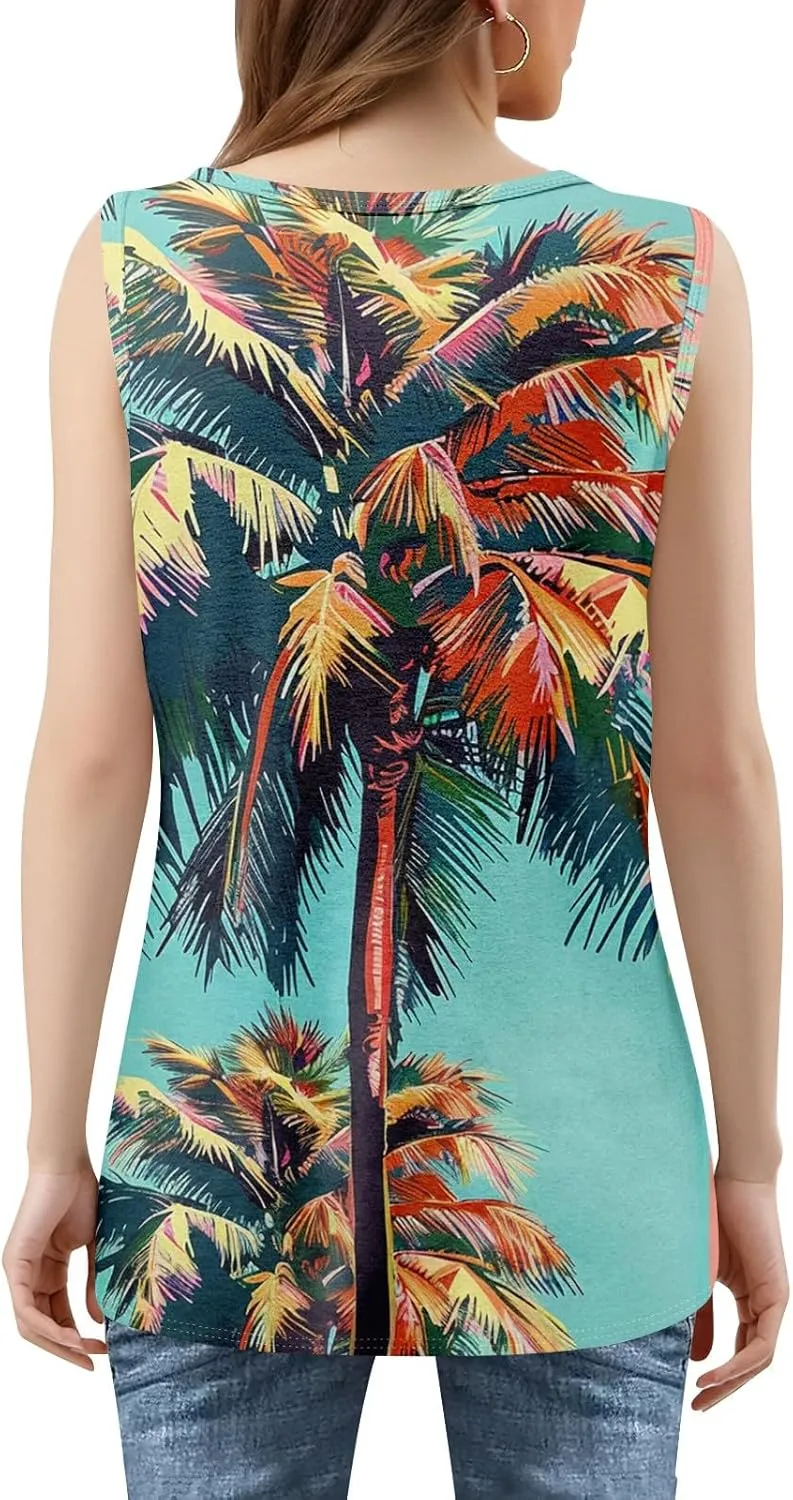 XIAXOGOOL Summer Tank Tops for Women Loose Fit Pleated Square Neck Sleeveless Tops Hawaiian Print Shirts Fashion Tunic Blouse