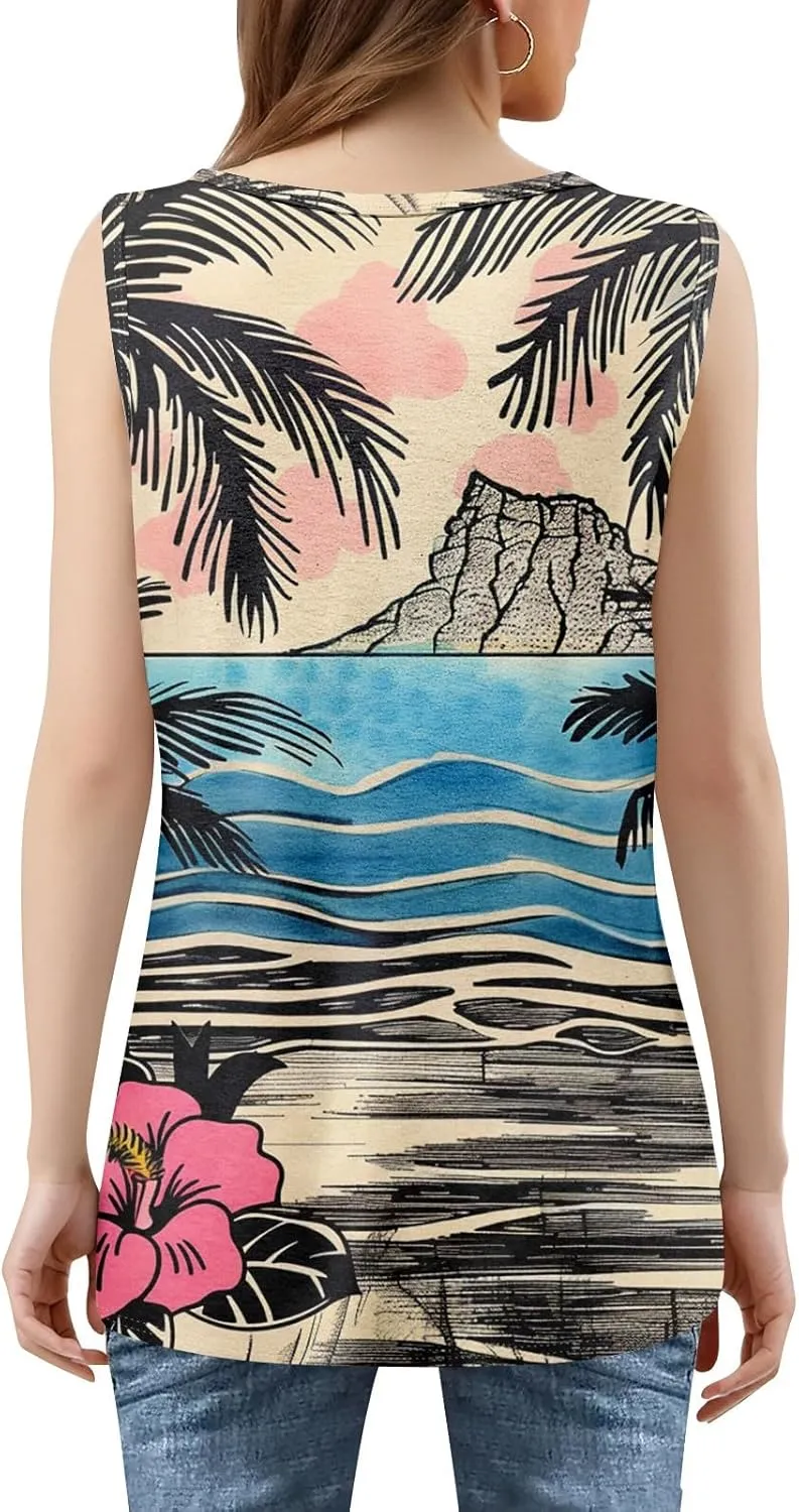 XIAXOGOOL Summer Tank Tops for Women Loose Fit Pleated Square Neck Sleeveless Tops Hawaiian Print Shirts Fashion Tunic Blouse