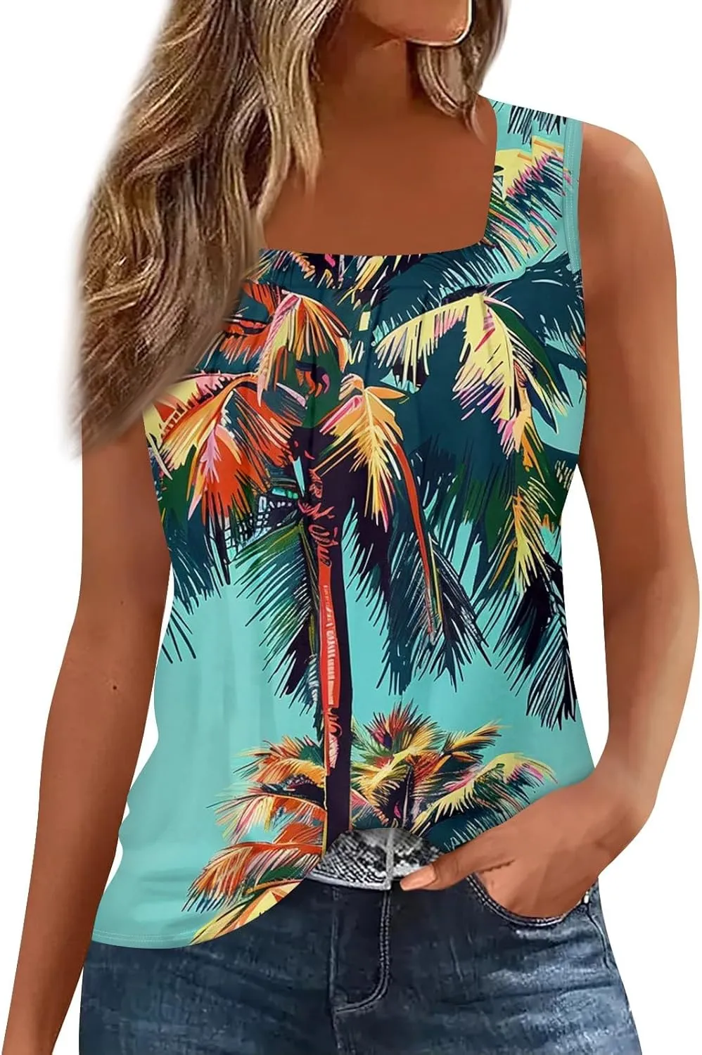 XIAXOGOOL Summer Tank Tops for Women Loose Fit Pleated Square Neck Sleeveless Tops Hawaiian Print Shirts Fashion Tunic Blouse
