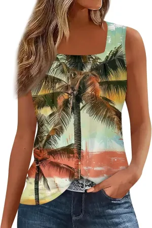 XIAXOGOOL Summer Tank Tops for Women Loose Fit Pleated Square Neck Sleeveless Tops Hawaiian Print Shirts Fashion Tunic Blouse
