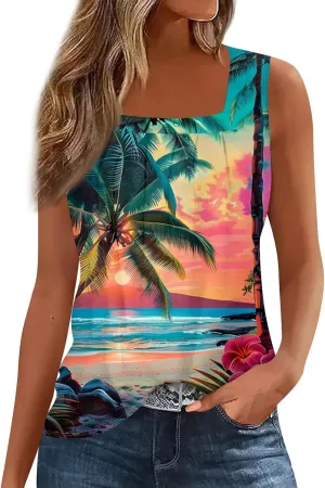 XIAXOGOOL Summer Tank Tops for Women Loose Fit Pleated Square Neck Sleeveless Tops Hawaiian Print Shirts Fashion Tunic Blouse