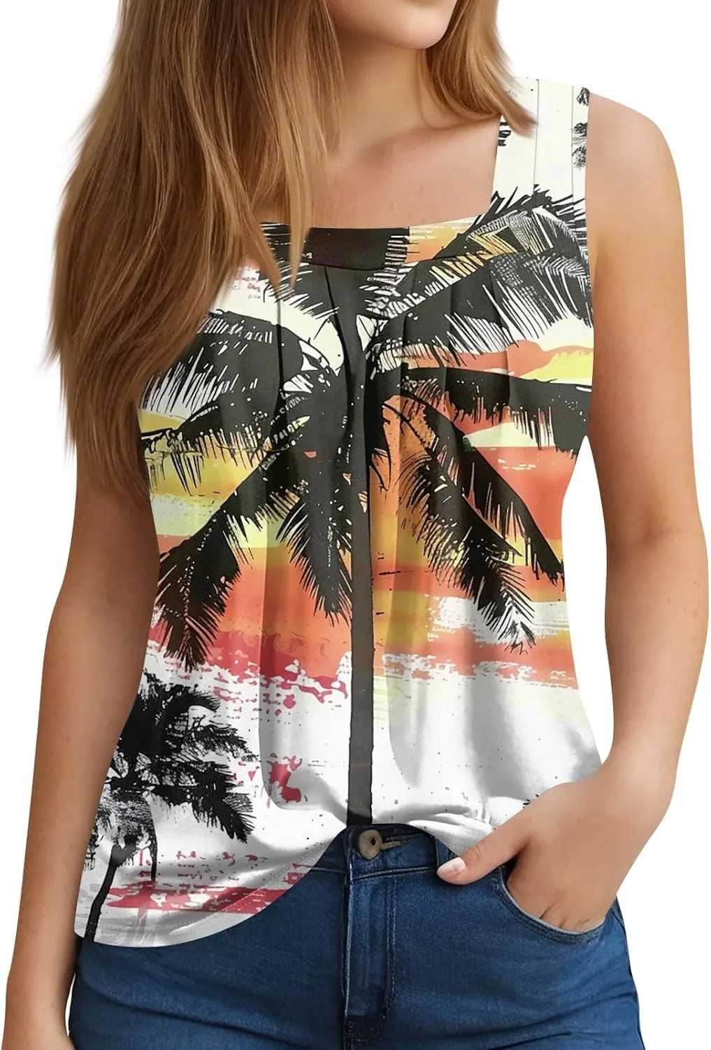 XIAXOGOOL Summer Tank Tops for Women Loose Fit Pleated Square Neck Sleeveless Tops Hawaiian Print Shirts Fashion Tunic Blouse