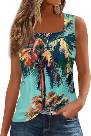 XIAXOGOOL Summer Tank Tops for Women Loose Fit Pleated Square Neck Sleeveless Tops Hawaiian Print Shirts Fashion Tunic Blouse