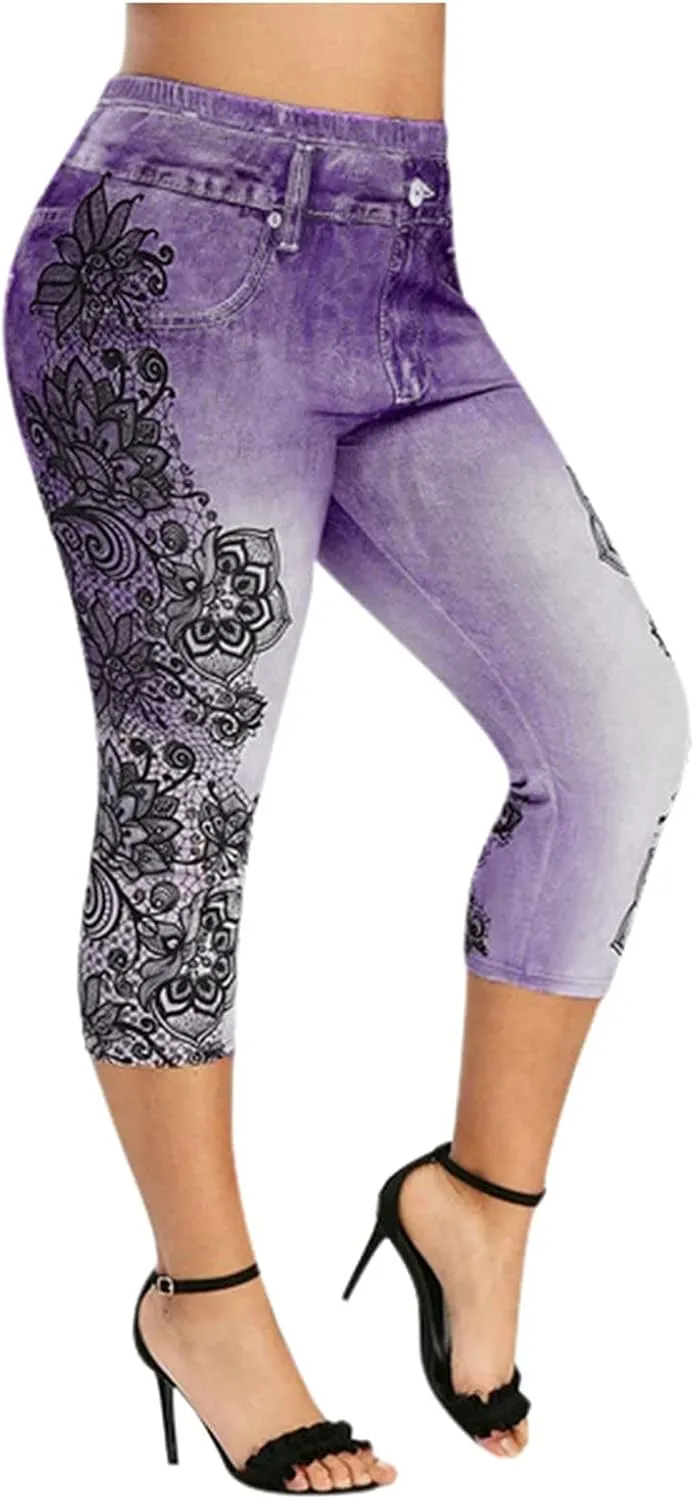 XUNRYAN Capri Leggings for Women Stretchy High Waisted Faux Jeans Shorts Plus Size Elastic Waist Casual Yoga Leggings Pants