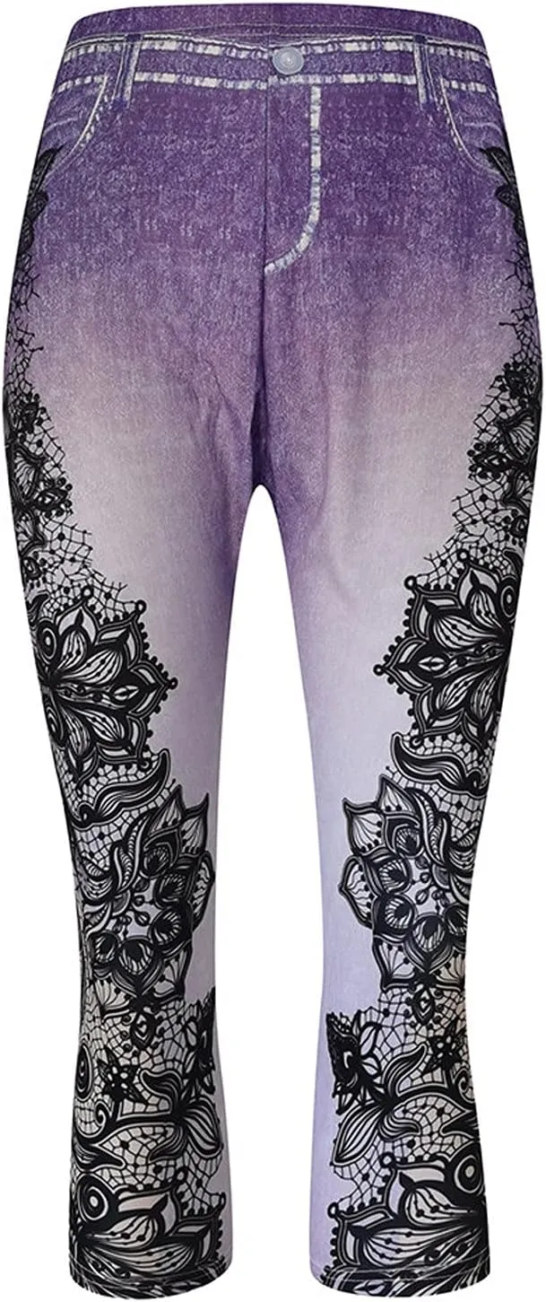 XUNRYAN Capri Leggings for Women Stretchy High Waisted Faux Jeans Shorts Plus Size Elastic Waist Casual Yoga Leggings Pants