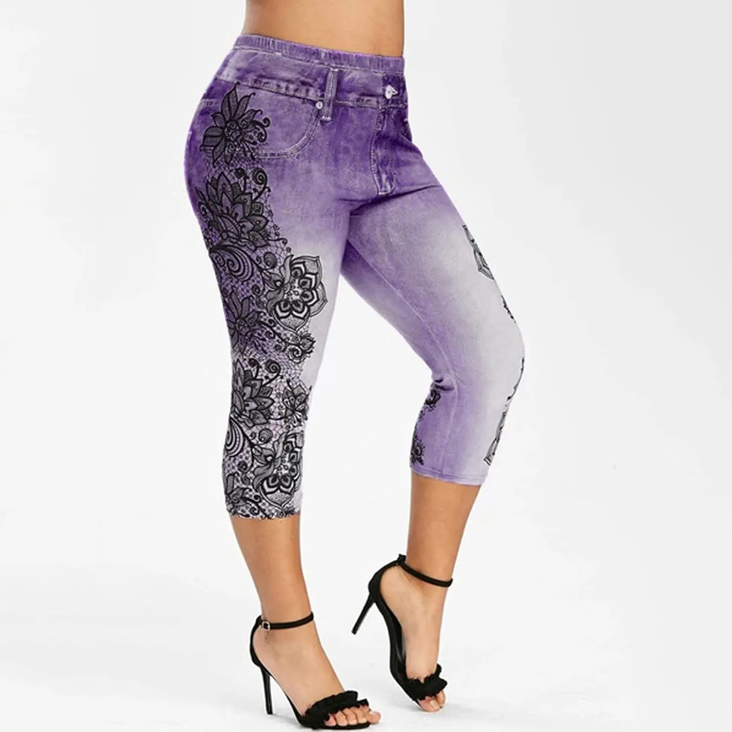 XUNRYAN Capri Leggings for Women Stretchy High Waisted Faux Jeans Shorts Plus Size Elastic Waist Casual Yoga Leggings Pants