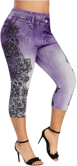 XUNRYAN Capri Leggings for Women Stretchy High Waisted Faux Jeans Shorts Plus Size Elastic Waist Casual Yoga Leggings Pants