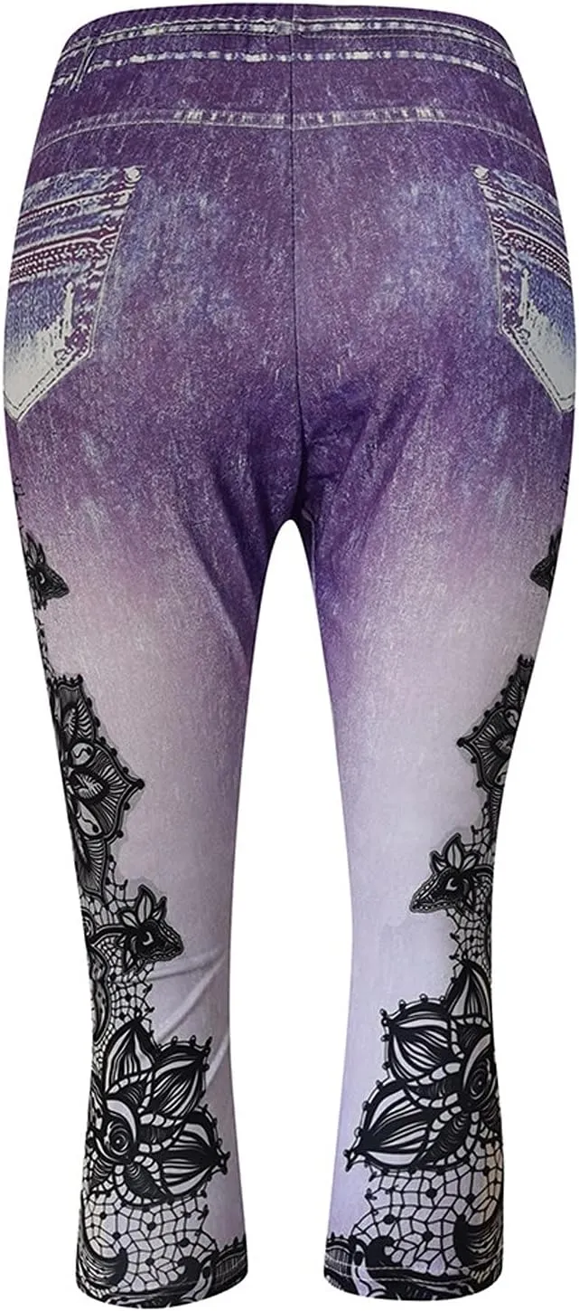 XUNRYAN Capri Leggings for Women Stretchy High Waisted Faux Jeans Shorts Plus Size Elastic Waist Casual Yoga Leggings Pants