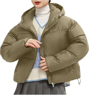 XUNRYAN Puffer Jackets Women Cropped Winter Warm Down Coat Hooded Quilted Lightweight Jacket Short Coat Warm Parka Overcoat