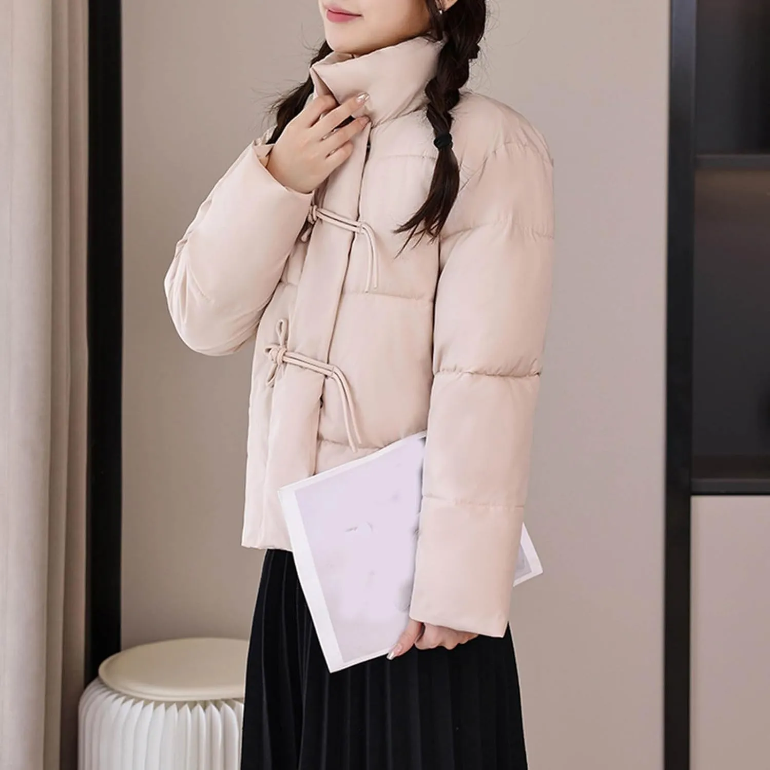 XUNRYAN Winter Coats Women Puffer Jackets Fashion Cropped Quilted Thicken Down Coat Warm Chinese Button Full Zip Parka Anorak