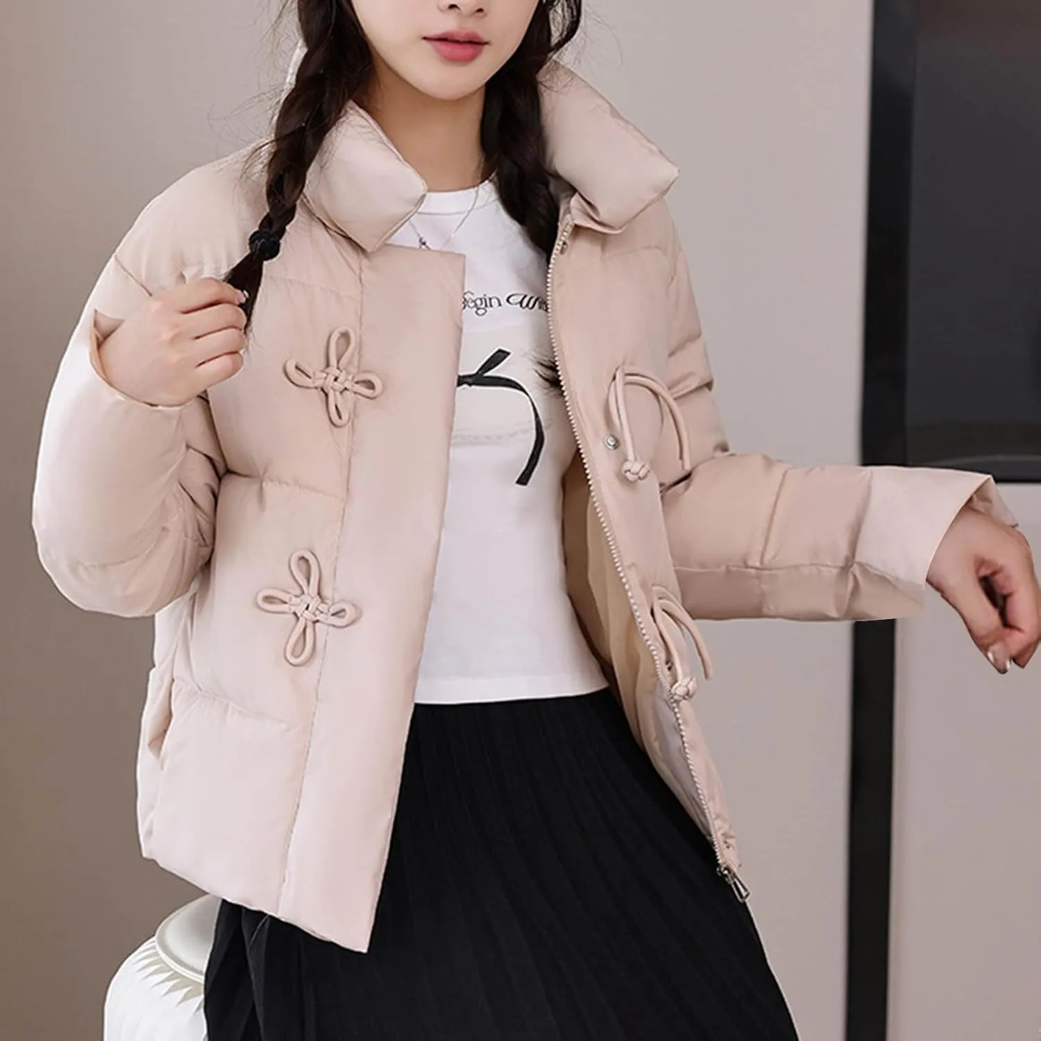 XUNRYAN Winter Coats Women Puffer Jackets Fashion Cropped Quilted Thicken Down Coat Warm Chinese Button Full Zip Parka Anorak