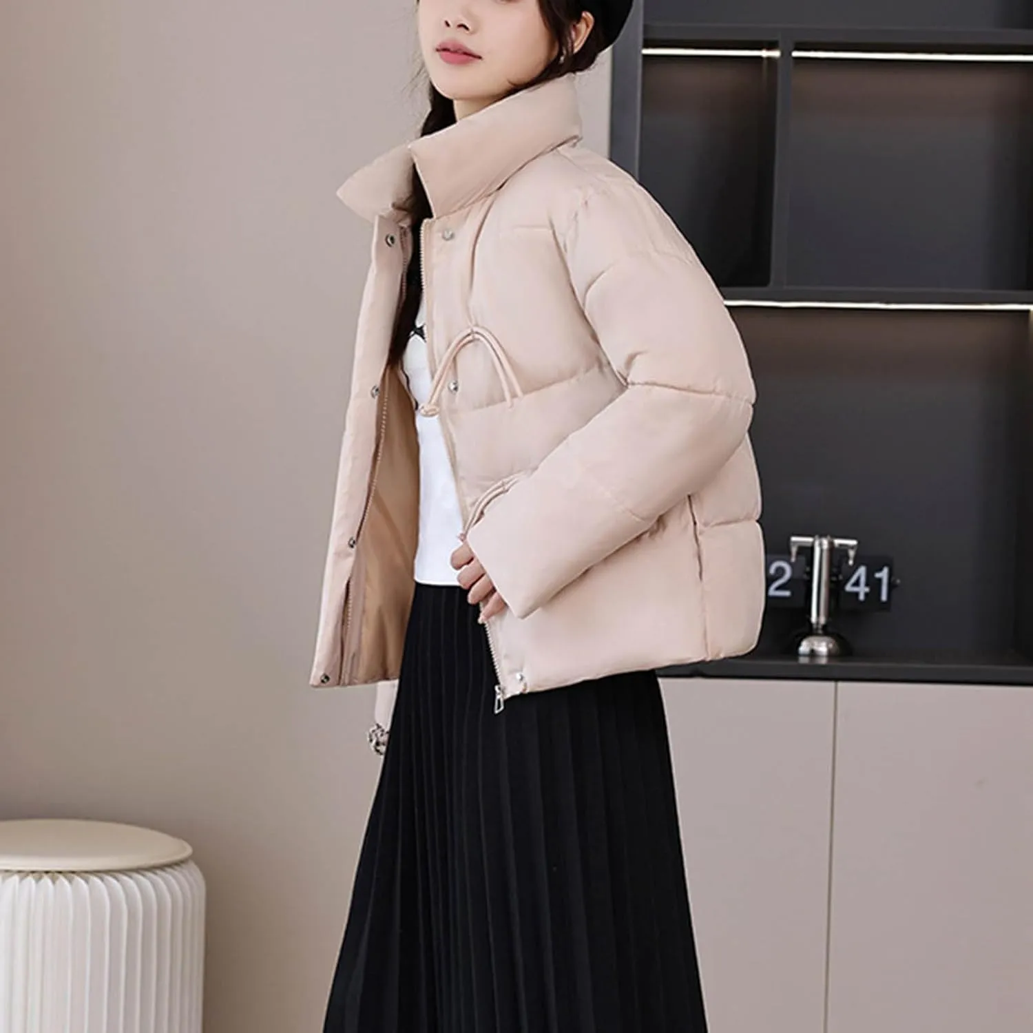XUNRYAN Winter Coats Women Puffer Jackets Fashion Cropped Quilted Thicken Down Coat Warm Chinese Button Full Zip Parka Anorak