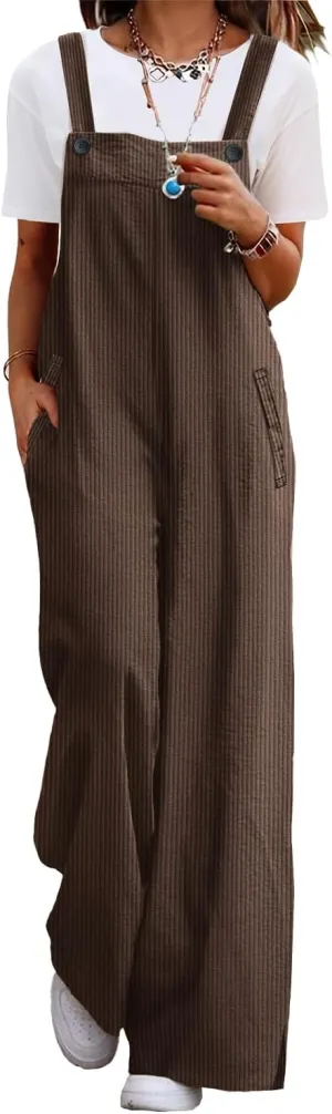 YESNO Women's Casual Corduroy Overalls Adjustable Straps Baggy Pants Wide Leg Jumpsuits with Pockets PC2