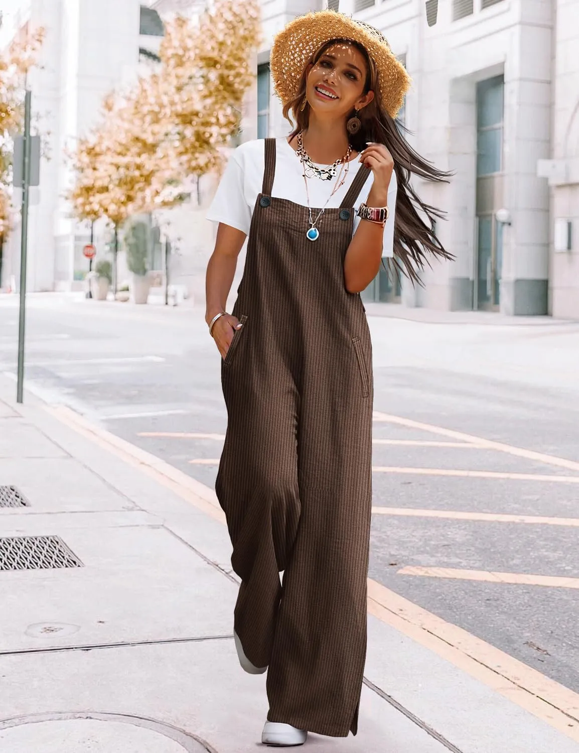 YESNO Women's Casual Corduroy Overalls Adjustable Straps Baggy Pants Wide Leg Jumpsuits with Pockets PC2