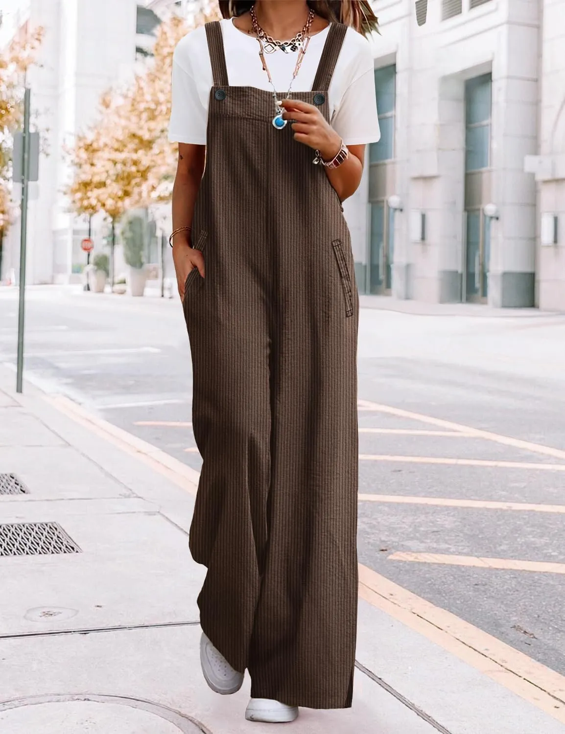 YESNO Women's Casual Corduroy Overalls Adjustable Straps Baggy Pants Wide Leg Jumpsuits with Pockets PC2