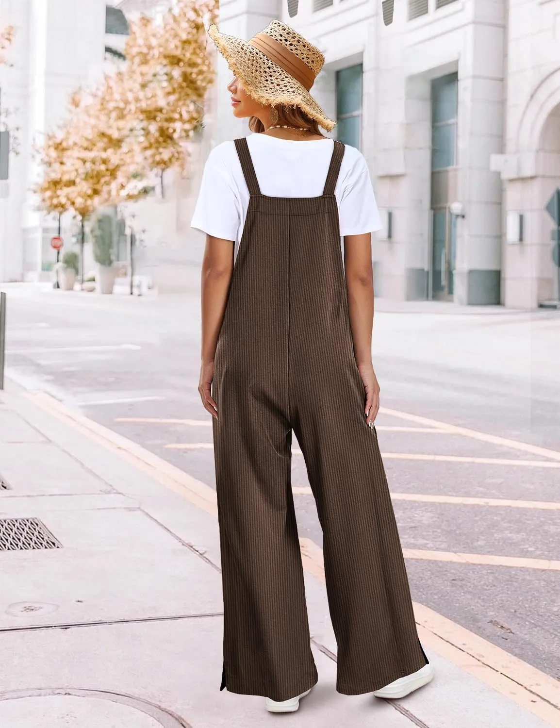 YESNO Women's Casual Corduroy Overalls Adjustable Straps Baggy Pants Wide Leg Jumpsuits with Pockets PC2