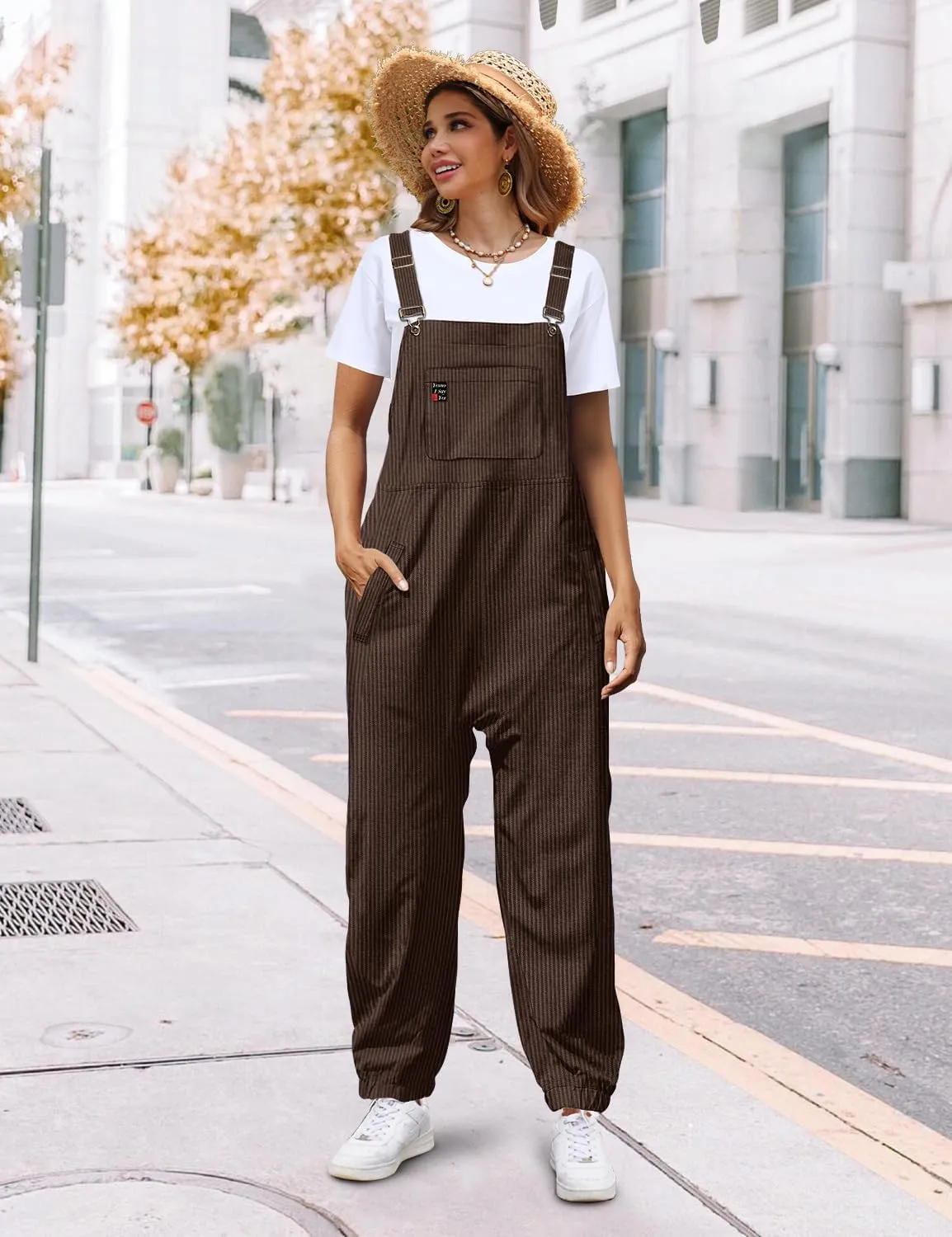 YESNO Women's Casual Corduroy Overalls Sleeveless Adjustable Straps Loose Harem Bib Jumpsuits for Women with Pockets PCL