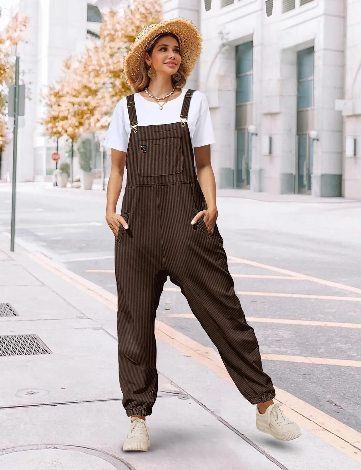 YESNO Women's Casual Corduroy Overalls Sleeveless Adjustable Straps Loose Harem Bib Jumpsuits for Women with Pockets PCL