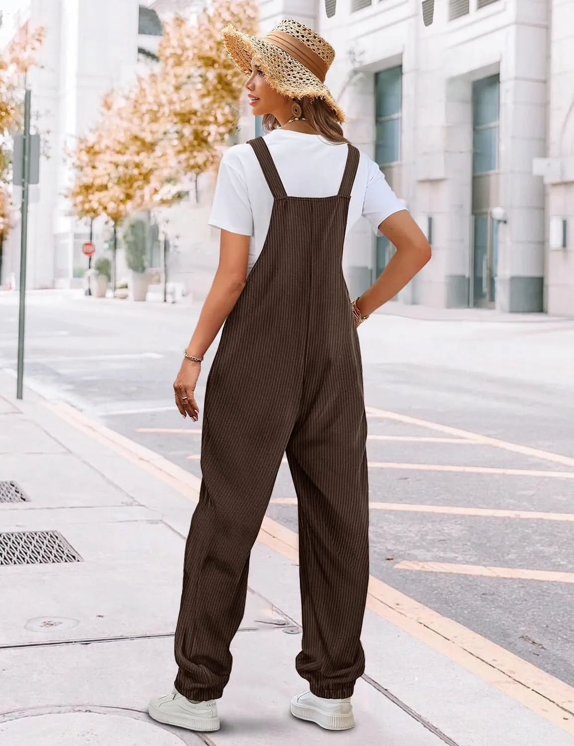 YESNO Women's Casual Corduroy Overalls Sleeveless Adjustable Straps Loose Harem Bib Jumpsuits for Women with Pockets PCL