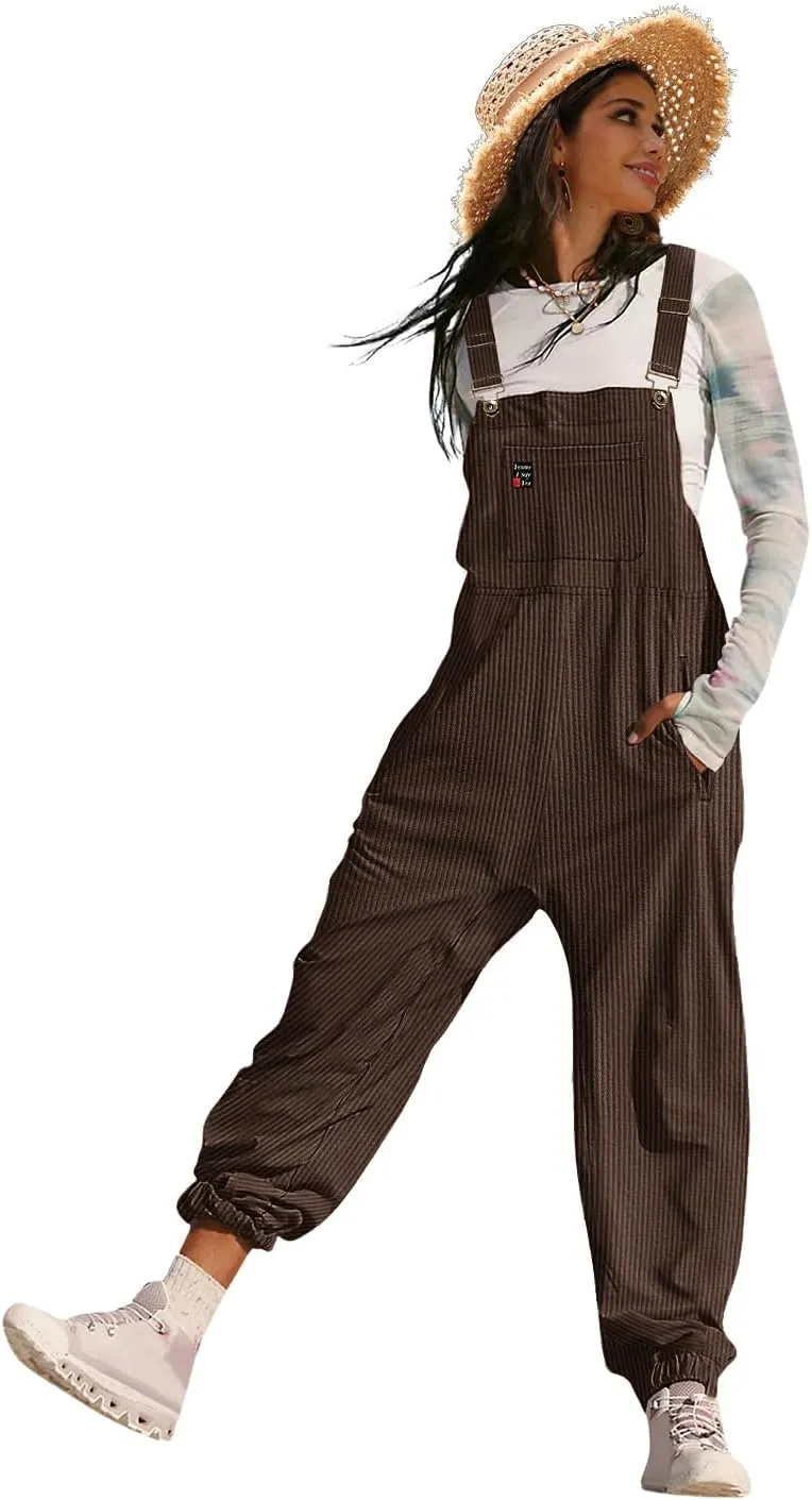 YESNO Women's Casual Corduroy Overalls Sleeveless Adjustable Straps Loose Harem Bib Jumpsuits for Women with Pockets PCL