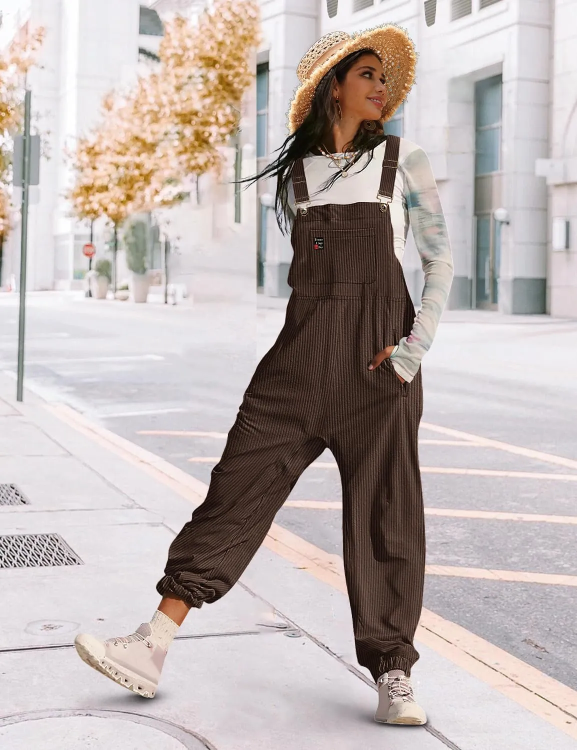 YESNO Women's Casual Corduroy Overalls Sleeveless Adjustable Straps Loose Harem Bib Jumpsuits for Women with Pockets PCL