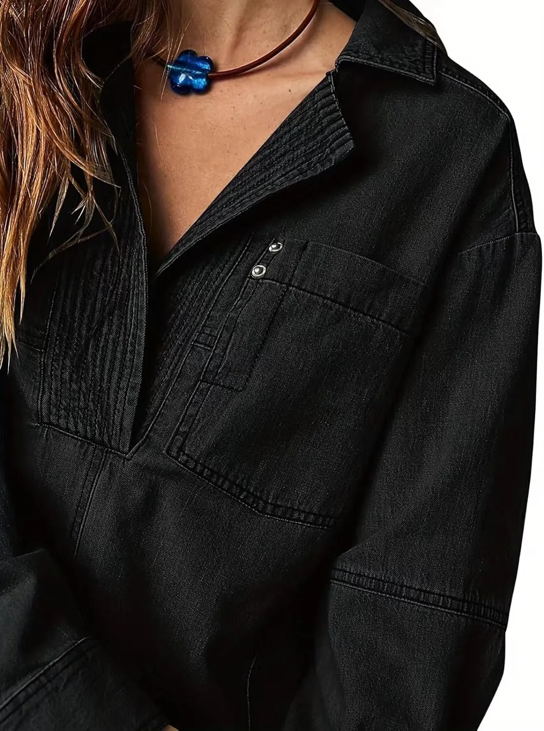 yoeasy Women's Denim Pullover Oversized V Neck Jean Shirt Loose Fit Long Sleeve Denim Jacket With Pocket