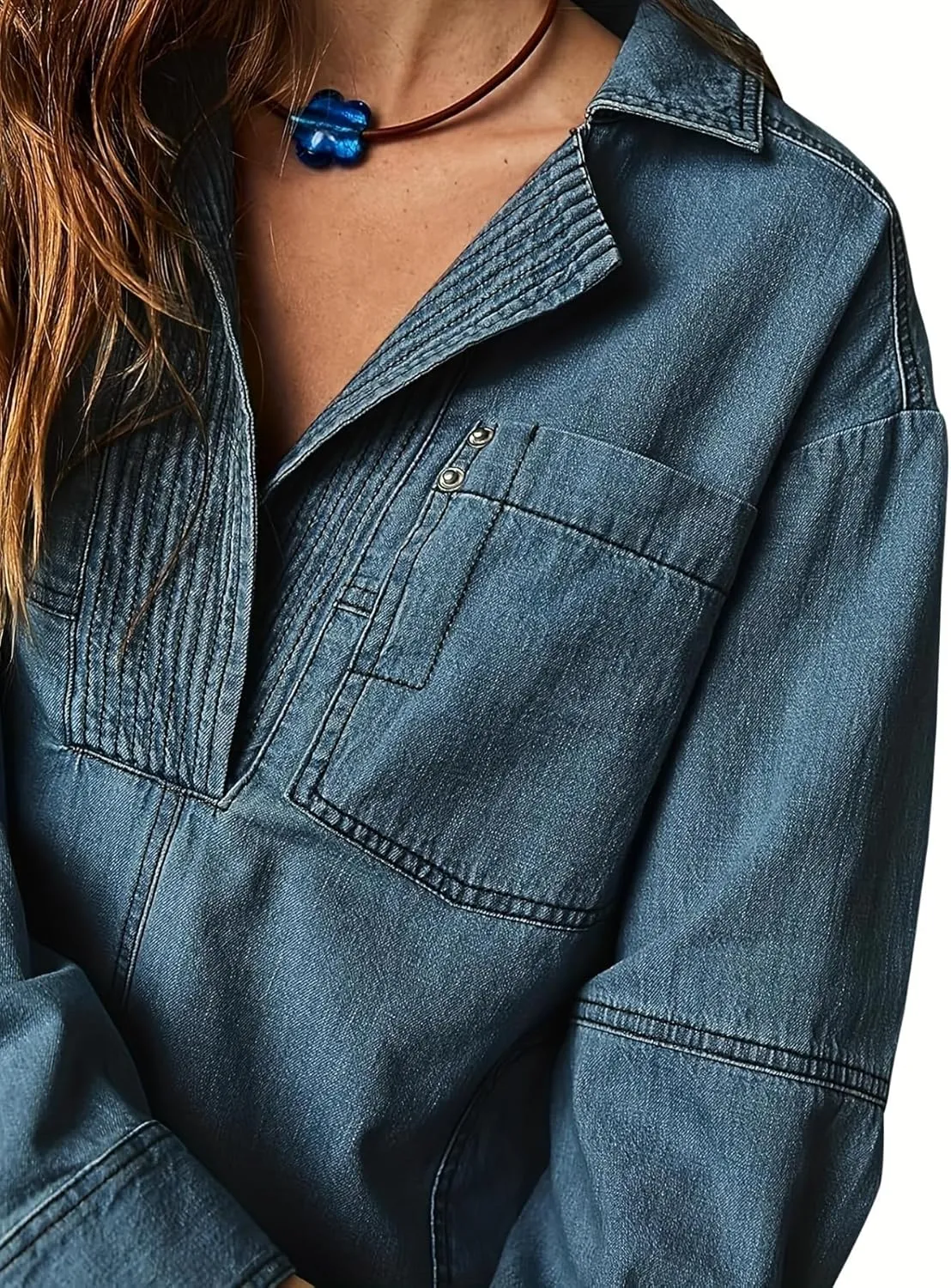 yoeasy Women's Denim Pullover Oversized V Neck Jean Shirt Loose Fit Long Sleeve Denim Jacket With Pocket