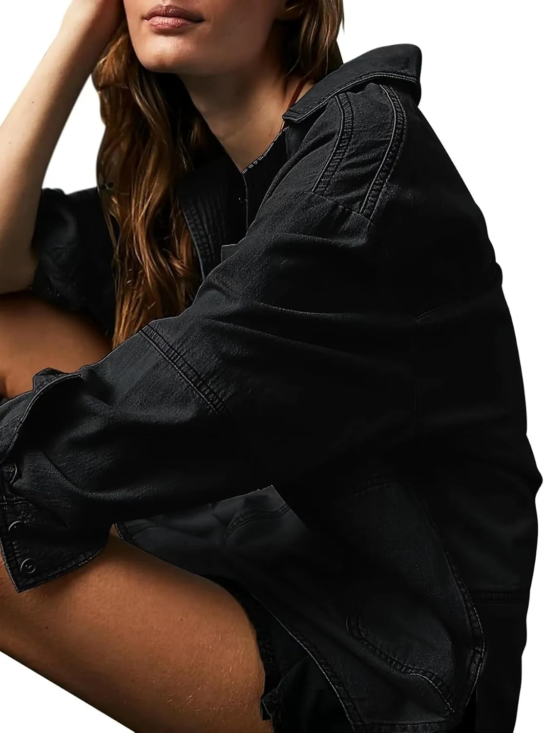 yoeasy Women's Denim Pullover Oversized V Neck Jean Shirt Loose Fit Long Sleeve Denim Jacket With Pocket