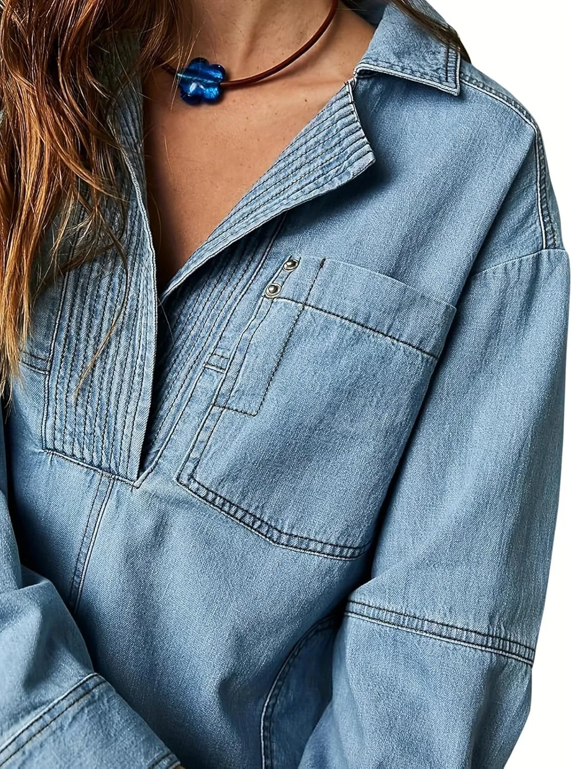 yoeasy Women's Denim Pullover Oversized V Neck Jean Shirt Loose Fit Long Sleeve Denim Jacket With Pocket
