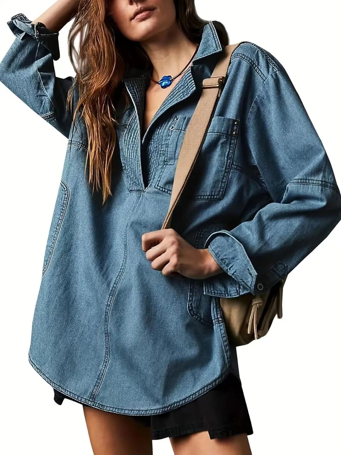 yoeasy Women's Denim Pullover Oversized V Neck Jean Shirt Loose Fit Long Sleeve Denim Jacket With Pocket