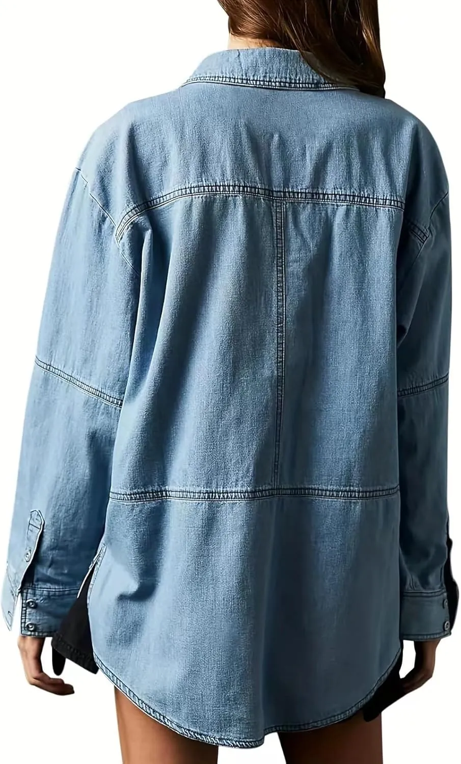 yoeasy Women's Denim Pullover Oversized V Neck Jean Shirt Loose Fit Long Sleeve Denim Jacket With Pocket