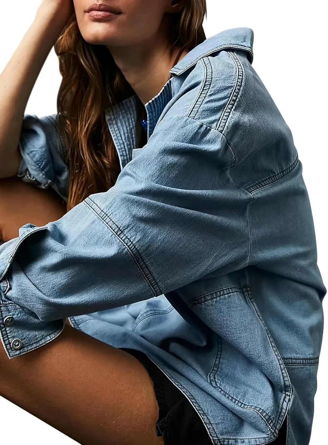 yoeasy Women's Denim Pullover Oversized V Neck Jean Shirt Loose Fit Long Sleeve Denim Jacket With Pocket