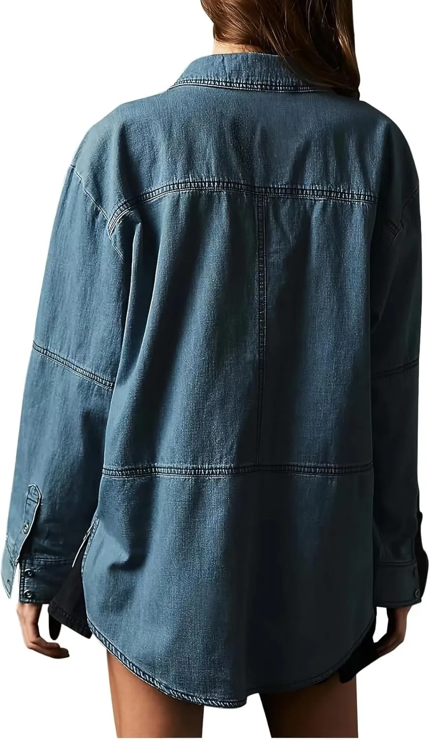 yoeasy Women's Denim Pullover Oversized V Neck Jean Shirt Loose Fit Long Sleeve Denim Jacket With Pocket