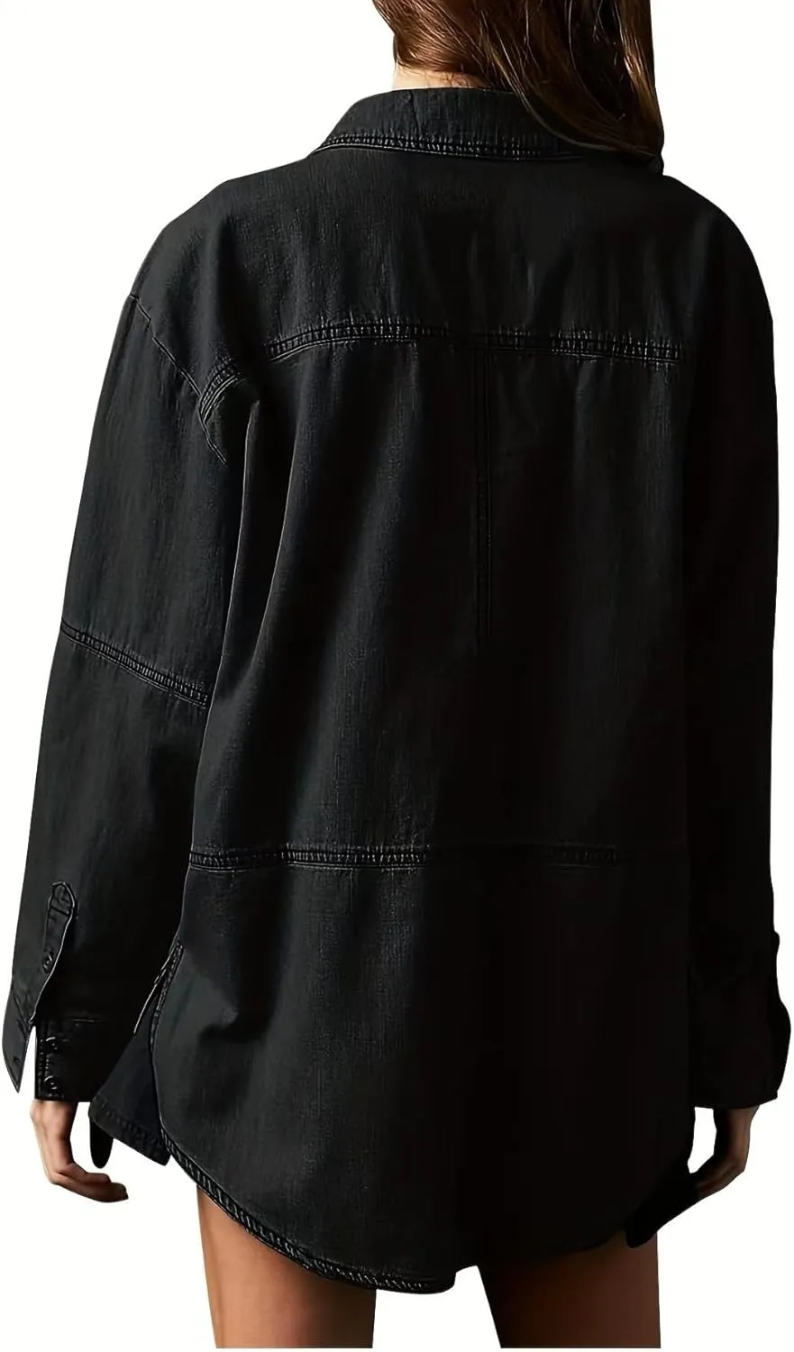 yoeasy Women's Denim Pullover Oversized V Neck Jean Shirt Loose Fit Long Sleeve Denim Jacket With Pocket