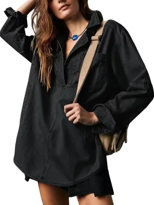 yoeasy Women's Denim Pullover Oversized V Neck Jean Shirt Loose Fit Long Sleeve Denim Jacket With Pocket
