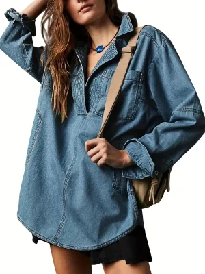 yoeasy Women's Denim Pullover Oversized V Neck Jean Shirt Loose Fit Long Sleeve Denim Jacket With Pocket