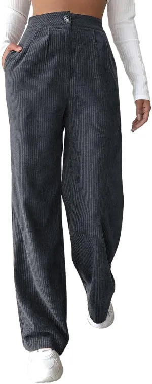 YOLAI Casual High Waist Straight Wide Leg Trousers Women Solid Color Corduroy Pants