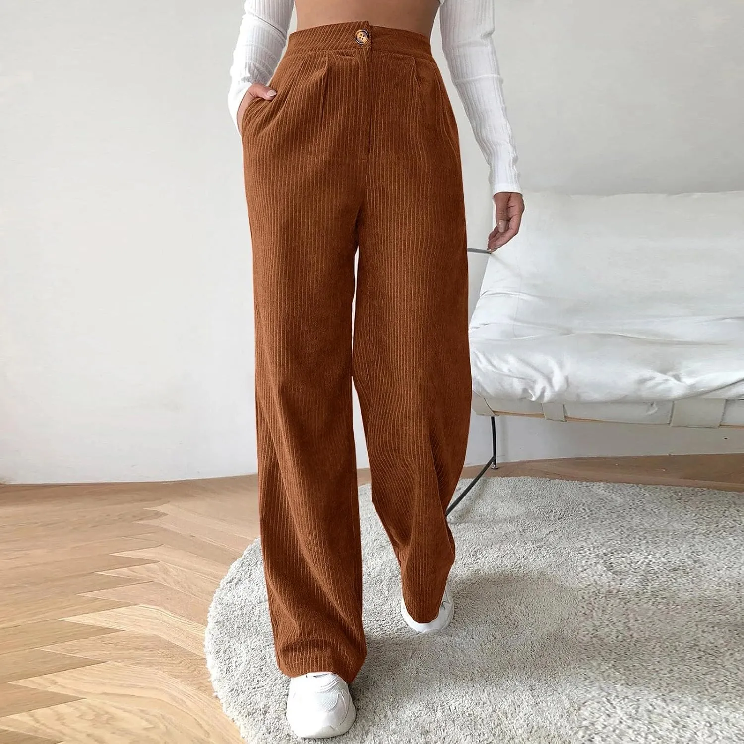 YOLAI Casual High Waist Straight Wide Leg Trousers Women Solid Color Corduroy Pants