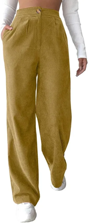 YOLAI Casual High Waist Straight Wide Leg Trousers Women Solid Color Corduroy Pants