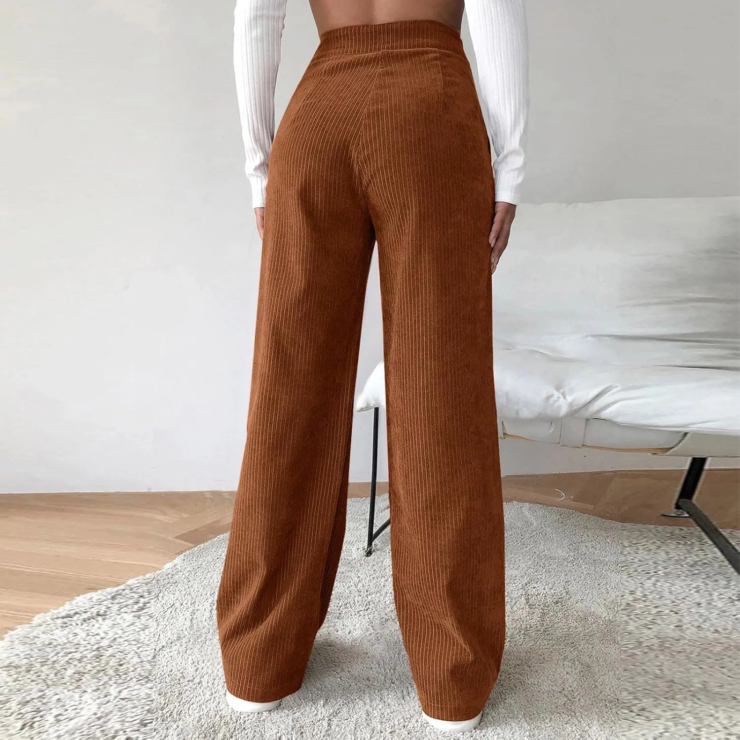 YOLAI Casual High Waist Straight Wide Leg Trousers Women Solid Color Corduroy Pants