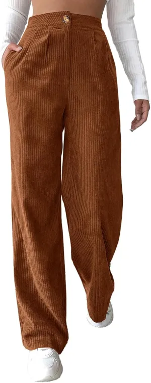YOLAI Casual High Waist Straight Wide Leg Trousers Women Solid Color Corduroy Pants