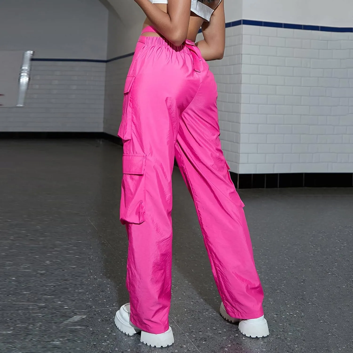 YOLAI Woman V Crosseed Baggy Cargo Pant Streetwear Hip Hop Overalls Trousers High Waist Joggers Sweatpants with Pockets (Hot Pink, S)