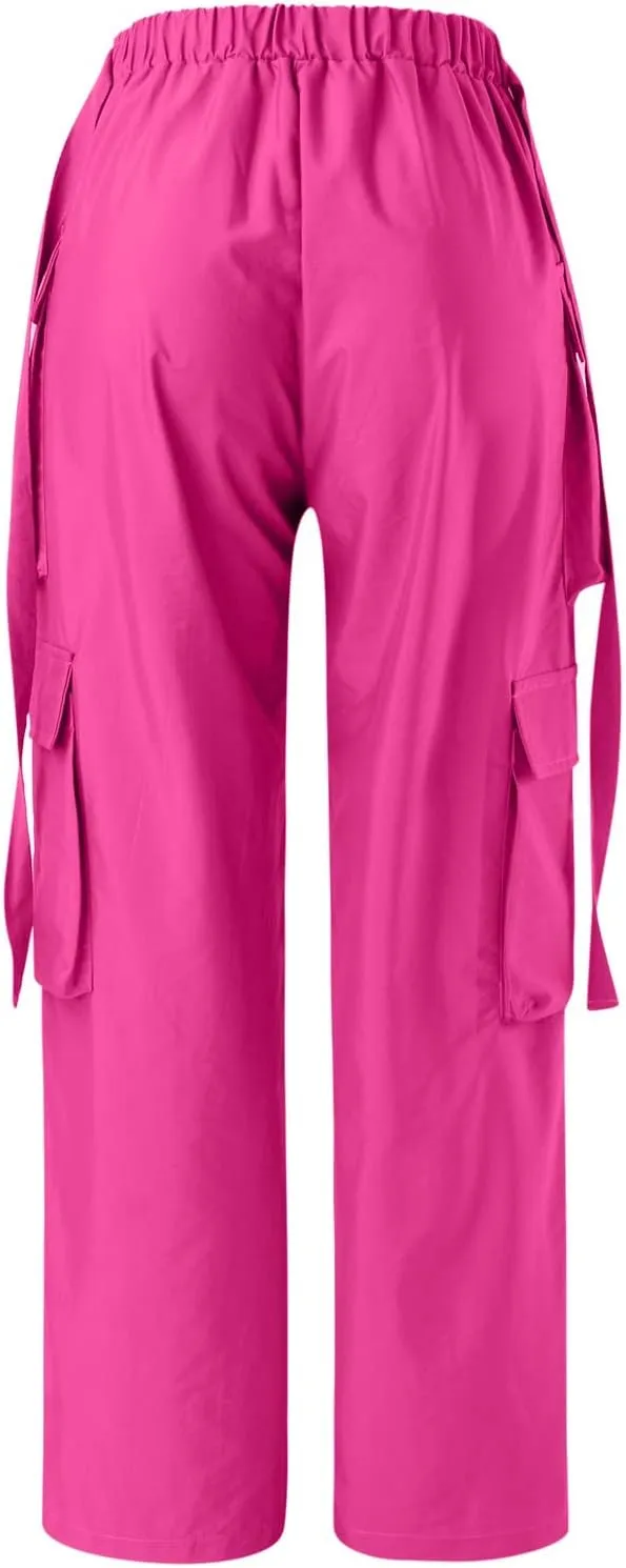 YOLAI Woman V Crosseed Baggy Cargo Pant Streetwear Hip Hop Overalls Trousers High Waist Joggers Sweatpants with Pockets (Hot Pink, S)