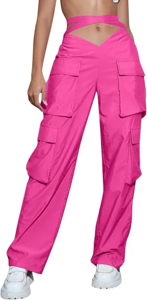 YOLAI Woman V Crosseed Baggy Cargo Pant Streetwear Hip Hop Overalls Trousers High Waist Joggers Sweatpants with Pockets (Hot Pink, S)