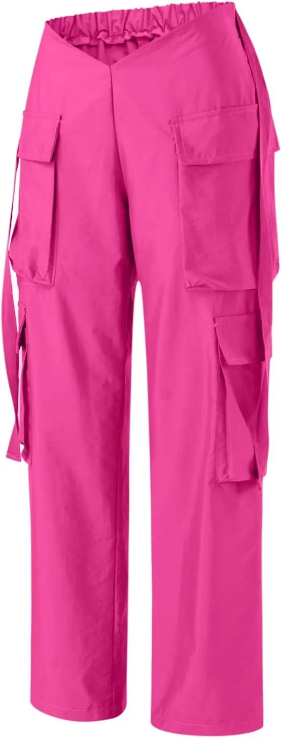 YOLAI Woman V Crosseed Baggy Cargo Pant Streetwear Hip Hop Overalls Trousers High Waist Joggers Sweatpants with Pockets (Hot Pink, S)
